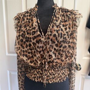 Free People Leopard-Print Ruffle Sleeve Blouse — Brown/Tan